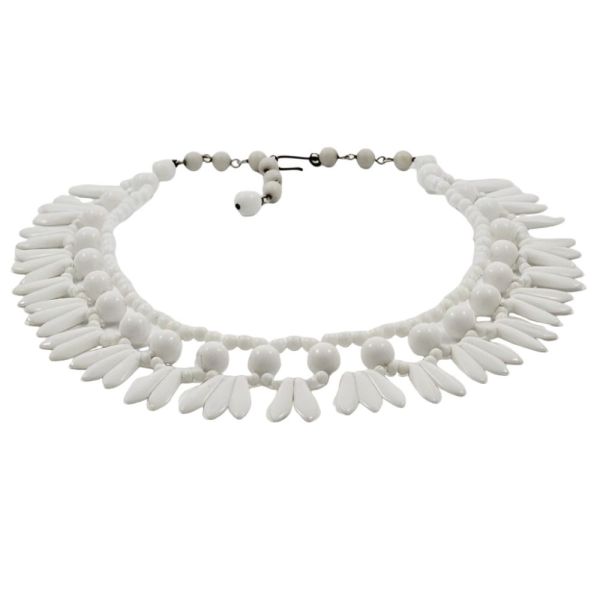 Art Deco Style White Milk Glass Drop Fringe Necklace circa 1950s